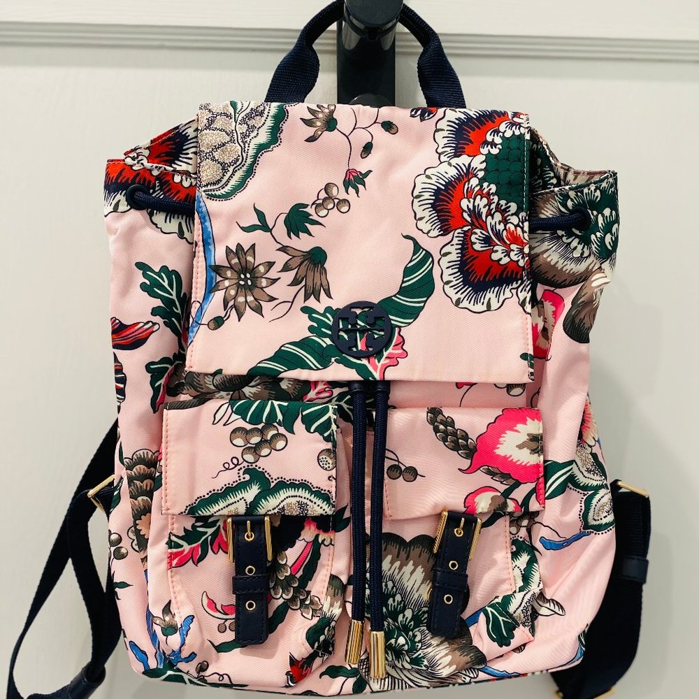 Tory Burch Tilda Printed Nylon Flap Backpack, Pink Happy Times